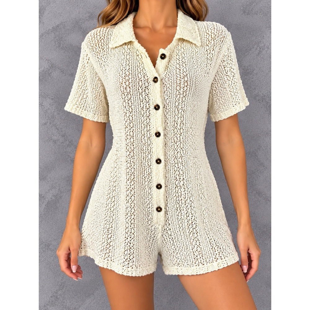 Free People Beach Romper Womens Small Cream Open Knit Crochet Button Coastal